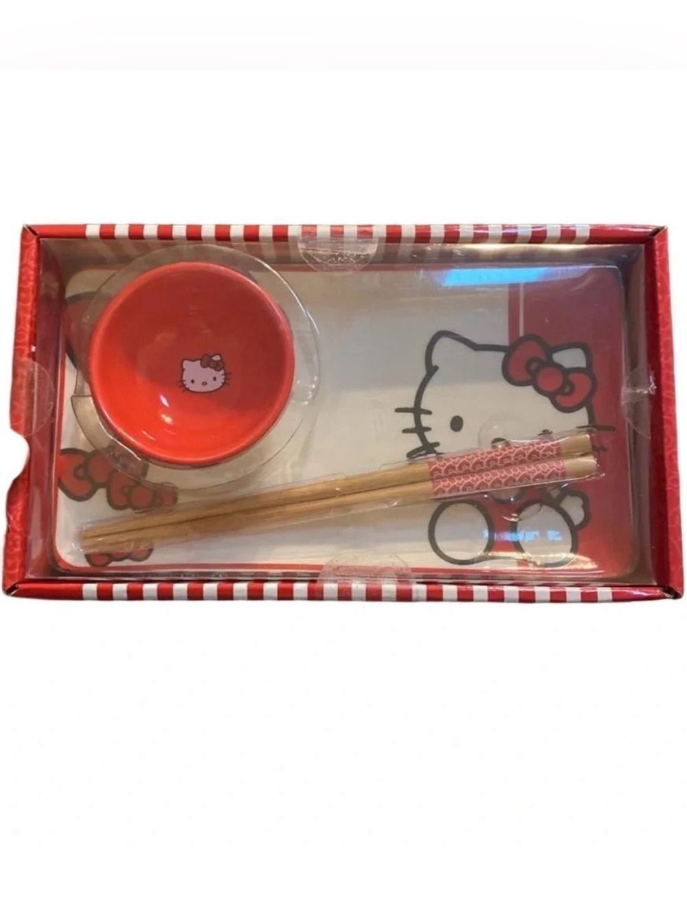 Sanrio Hello Kitty 3 Piece Ceramic Sushi Plate Set Soy Sauce Bowl Chopsticks NIB